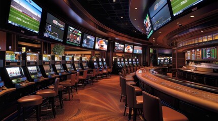 Customers are enjoying their time at the slot machines while watching sports games on large screens