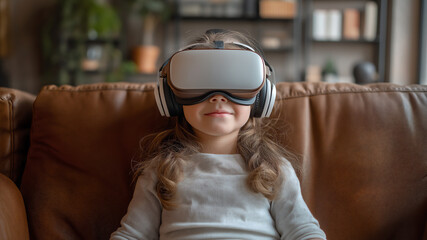 Young girl sitting on the couch wearing VR glasses, watching an interactive video game in virtual reality. She is smiling and having fun while exploring different worlds through her headset.