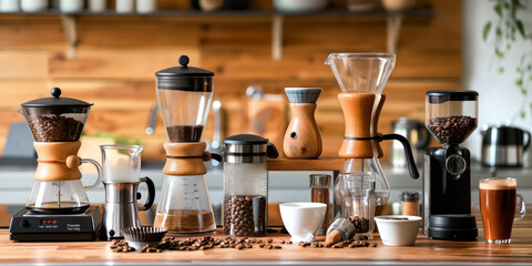 A collection of coffee brewing methods including a French press, pour-over, and espresso machine, displayed on a kitchen counter with fresh beans.