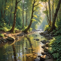 morning light in a mystical forest stream
