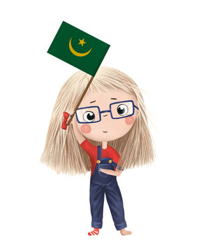 recommend clip art: Funny cute girl with flag of Mauritania. Bright clip art isolated
