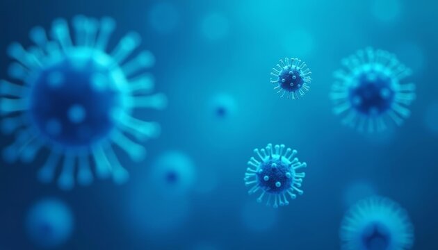  Viral particles in a microscopic view illuminated against a blue background