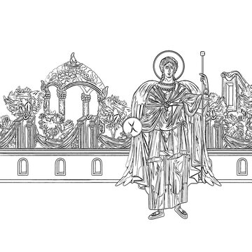 saint holding staff, standing before ornate structure clip art preview