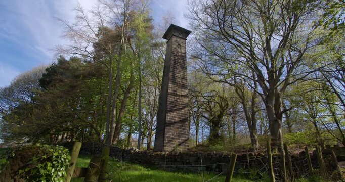 wide shot of a disused brick chimney at Lumsdale waterfalls, Matlock