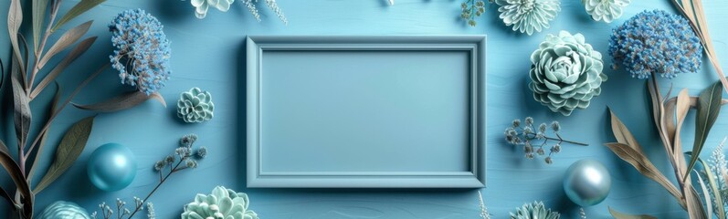 Obraz premium Picture frame surrounded by flowers and plants on a blue background, Banner, Copy space