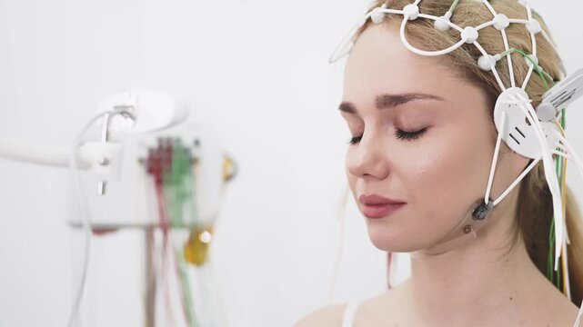 Female patient undergoing an EEG test, showcasing modern healthcare and patient comfort. Perfect for highlighting advanced diagnostic technology and patient-centered care.