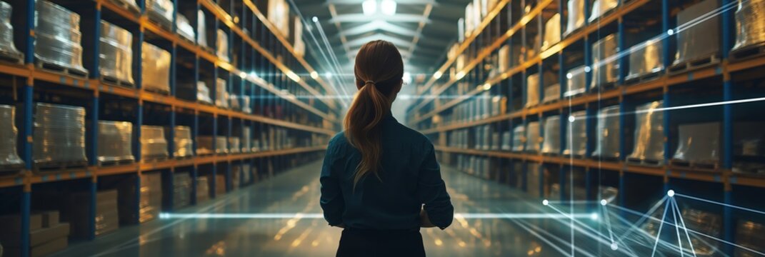 A person stands in a well-organized warehouse, overlaid with digital data lines, symbolizing modern inventory management and technology integration.