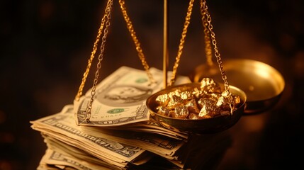 Money and gold together in weight scale