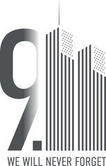 Twin towers New York city. September eleventh 2001. We will never forget. United States of America flag.