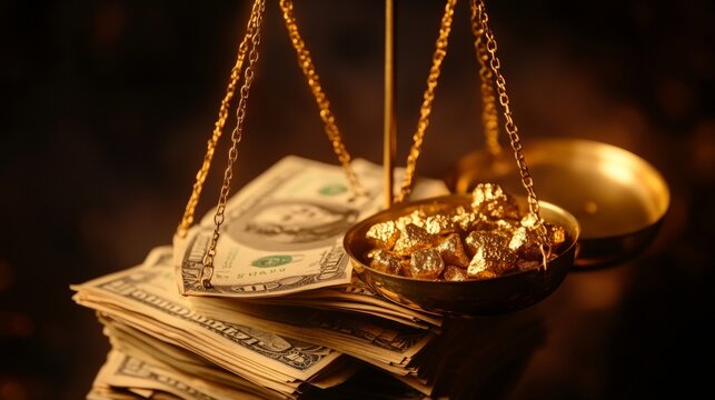 Money and gold together in weight scale