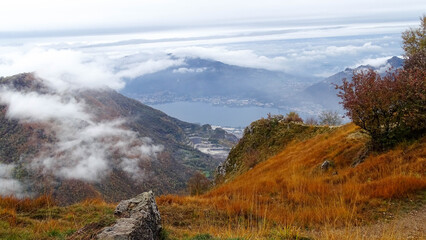 Autumn view to Lecco town and Lake Como from Piani D'Erna, October 24, 2016.