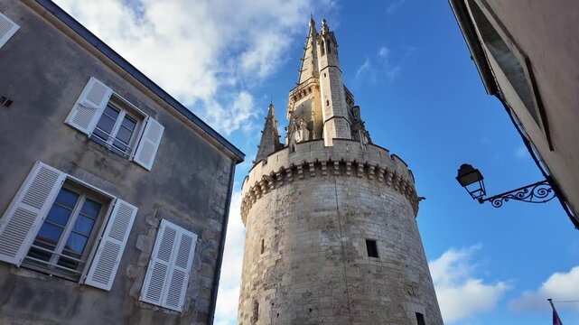 Smooth walking movement towards the Lantern Tower aka Tour de la Lanterne in La Rochelle, France.