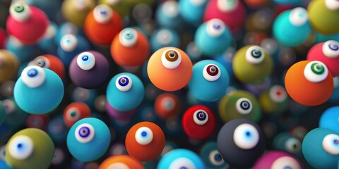 Colorful collection of eyes and balls in a patterned abstract texture.
