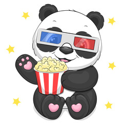 Cute cartoon panda with popcorn and movie 3d glasses. Vector illustration on a white background with stars. © Olena