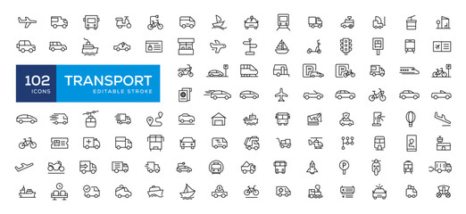 Vehicle and Transport line icon set. Containing car, bike, plane, train, bicycle, motorbike, bus and scooter icons. Transportation Simple line icon collections