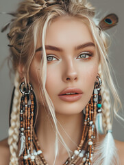 Young Woman with Braided Hair and Beaded Earrings