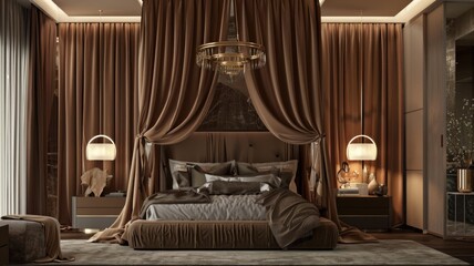 Luxurious bedroom with a canopy bed, warm earthy tones, and soft lighting creating a cozy ambiance
