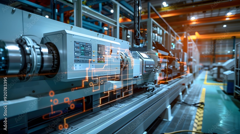 Poster a large industrial facility with machines controlled by variable frequency drives, demonstrating pre