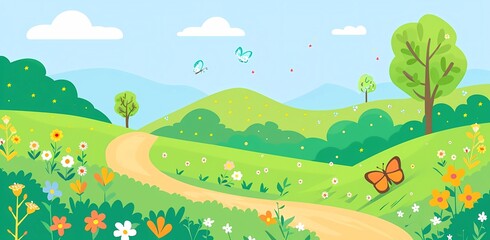 flat vector illustration of spring landscape with green hills, trees and flowers, butterfly on the road, simple flat design cartoon style