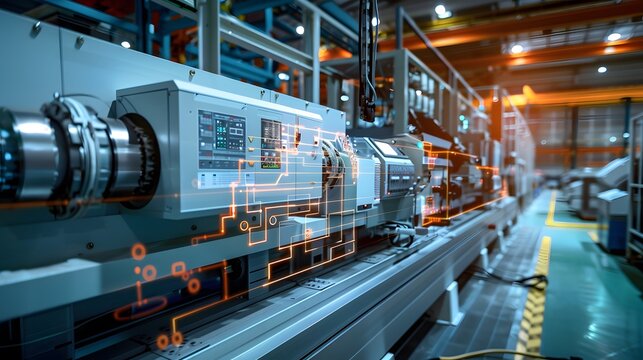 A large industrial facility with machines controlled by variable frequency drives, demonstrating precise energy management with dynamic visuals of power usage and efficiency