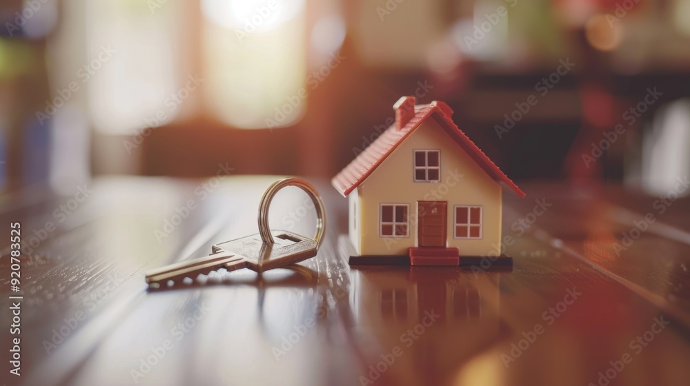 Poster a small white house with a key on the table next to it