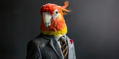 Colorful parrot, likely a macaw or cockatoo, wearing a suit and tie as part of a humorous photoshoot.