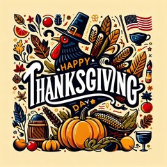 Fototapeta premium Typography letter Happy Thanksgiving Day template background. Vector illustration. AI generate