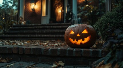 Pumpkin carved with a spooky face on a porch