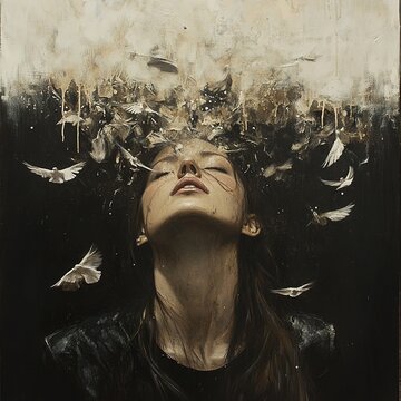 Woman with feathers exploding from head in surreal art style.