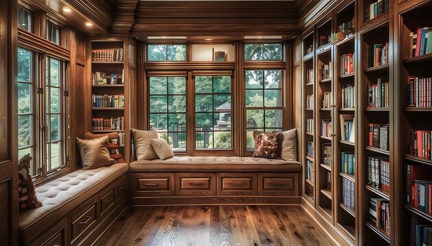 A sophisticated home library with built-in wooden bookshelves a cozy reading nook and a large window seat The room is warm and inviting perfect for book lovers