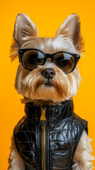 portrait of anthropomorphic dog wearing a black leather vest and sunglasses exuding confidence and style against a vibrant orange background in a bold edgy look