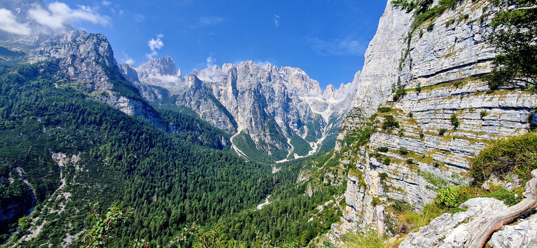 Beautiful view to mountains and valley in Parco Naturale Adamello Brenta, September 12, 2023.
