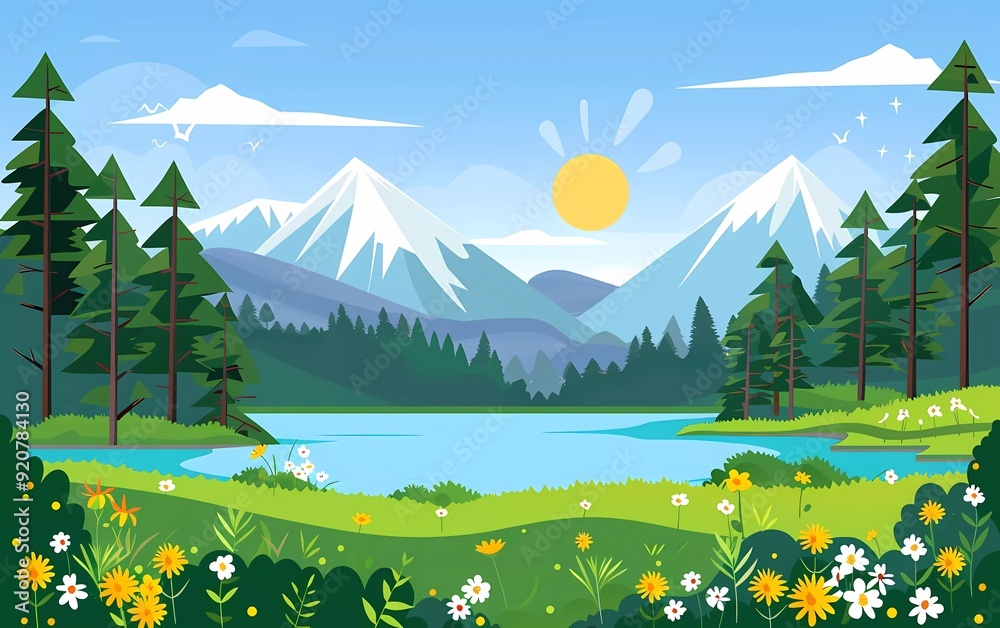 Wall mural beautiful mountain landscape with green meadows, a lake and forest on a blue background in a flat ve