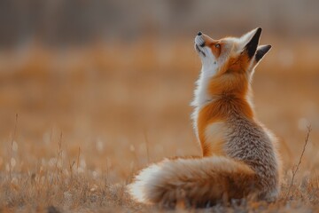 A red fox in the grass looking up at the sky