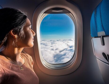 Una mujer joven mirando por la ventanilla del avi&oacute;n.
