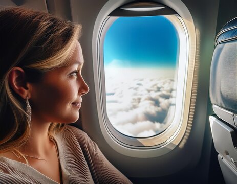 Una mujer joven mirando por la ventanilla del avi&oacute;n.