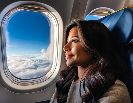 Una mujer joven mirando por la ventanilla del avi&oacute;n.