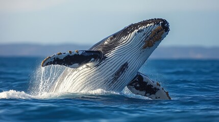 Fototapeta premium A photograph of a majestic whale breaching the surface of the ocean shows the powerful beauty and grace of this magnificent creature.