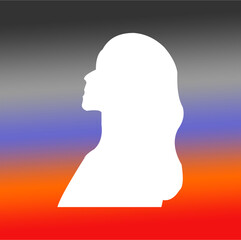 the silhouette of a white woman with flowing hair on a background of twilight color gradations