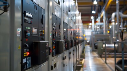 A large industrial facility with machines controlled by variable frequency drives, demonstrating precise energy management with dynamic visuals of power usage and efficiency
