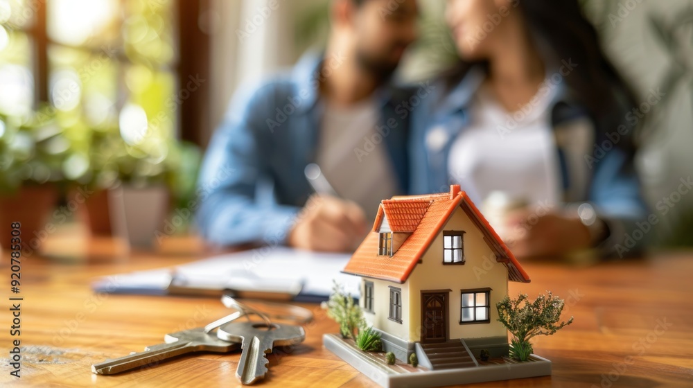 Poster a couple is sitting at a table with a house model and a key