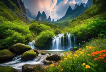 Fototapeta premium vibrant landscapes featuring hidden natural wonders lush majestic crystal clear waterfalls breathtaking settings, adventure, beach, beauty, bloom, cliff