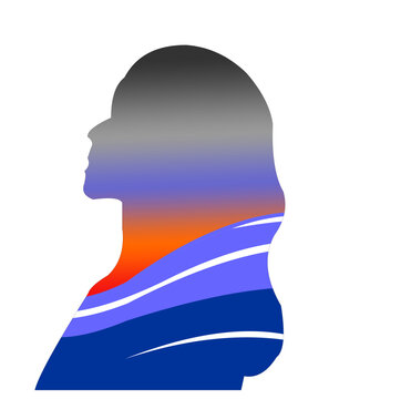 recommend clip art: silhouette of a woman with loose hair against a background of waves and gradations of twilight colors