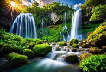 Obraz premium vibrant landscapes featuring breathtaking natural marvels lush majestic crystal clear waterfalls, mountain, greenery, scenery, view, sky, cloud, river