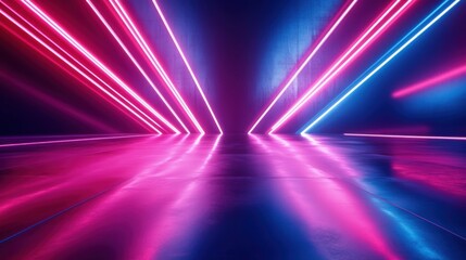 Fototapeta premium 3D rendering of a futuristic corridor with neon lights and reflections.