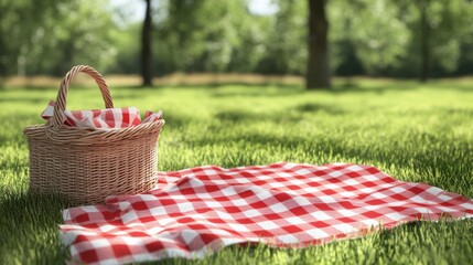 Picnic basket with red checkered duvet on the grass. Picnic gingham plaid