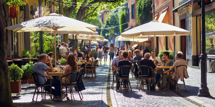 Outdoor cafe scene with people enjoying their coffee at small tables, shaded by umbrellas, in a charming European street setting.