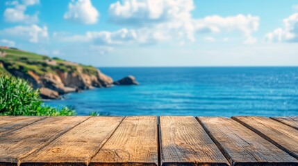 Wooden Table with Sea, Island, and Blue Sky in the Background