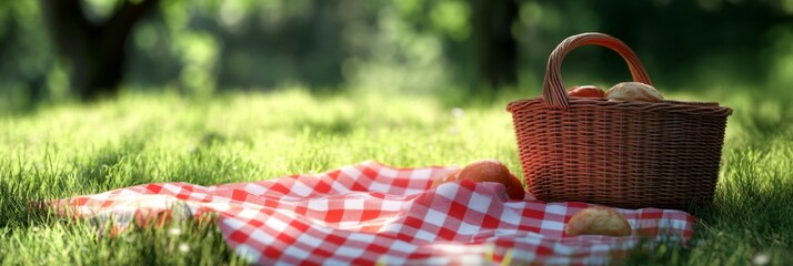 Picnic basket with red checkered duvet on the grass. Picnic gingham plaid