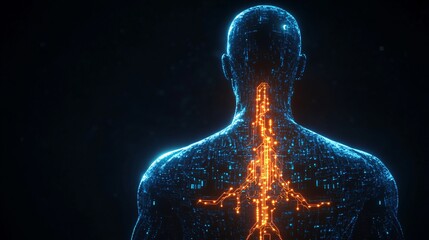 A futuristic portrayal of an evolving human with robotic integration. The image features a half-robot figure with digital veins coursing through the body, growing circuitry that enhances the form